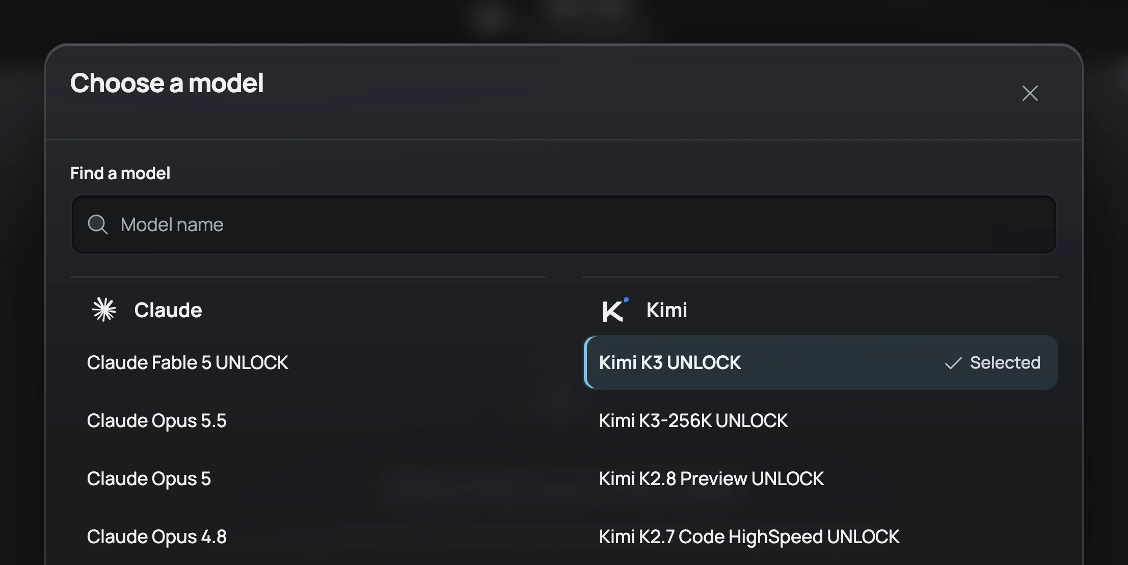 The top of the Choose a model window in Guard Code: Claude and Kimi models by family, UNLOCK on the models with a server prompt, Kimi K3 UNLOCK selected.