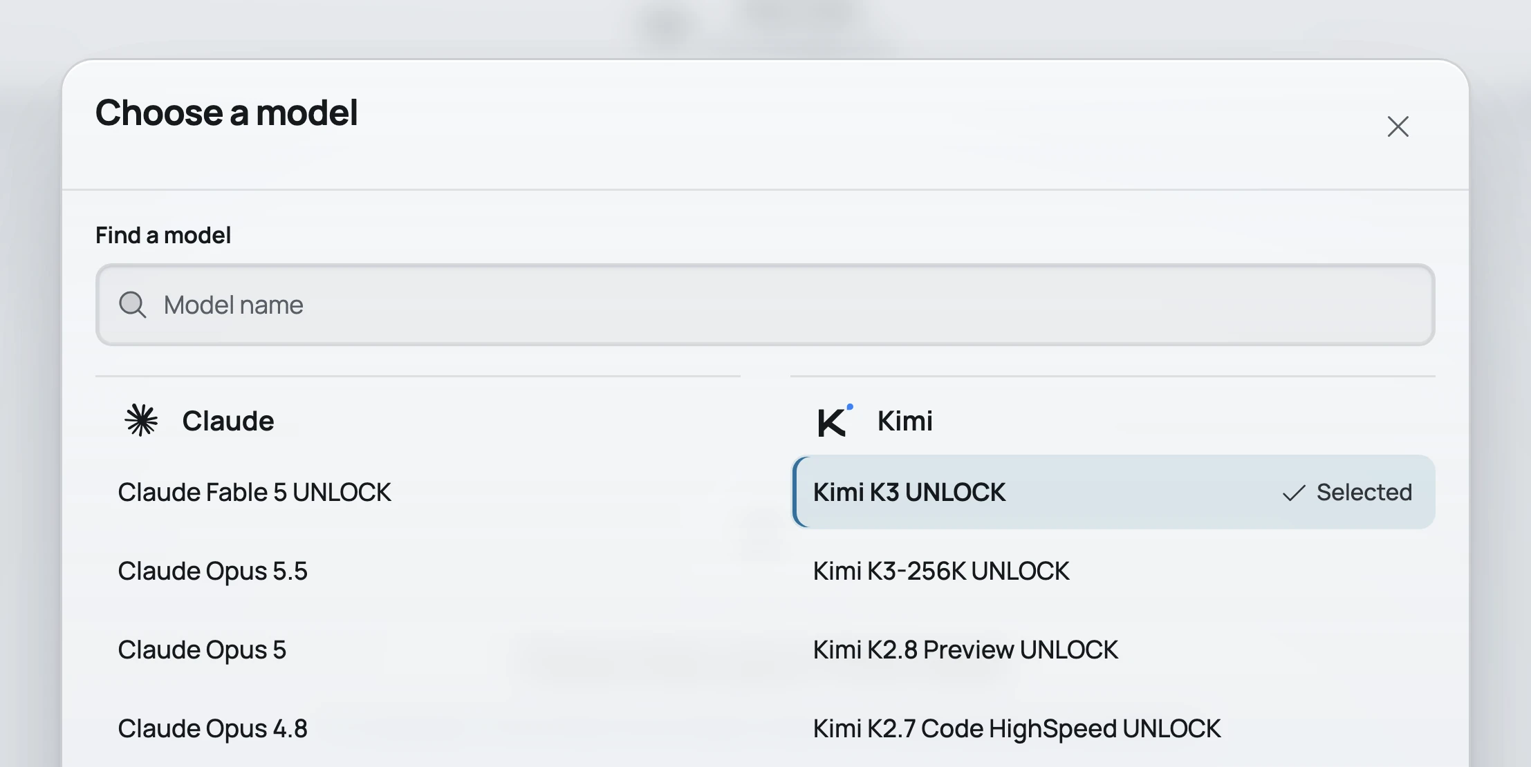 The top of the Choose a model window in Guard Code: Claude and Kimi models by family, UNLOCK on the models with a server prompt, Kimi K3 UNLOCK selected.